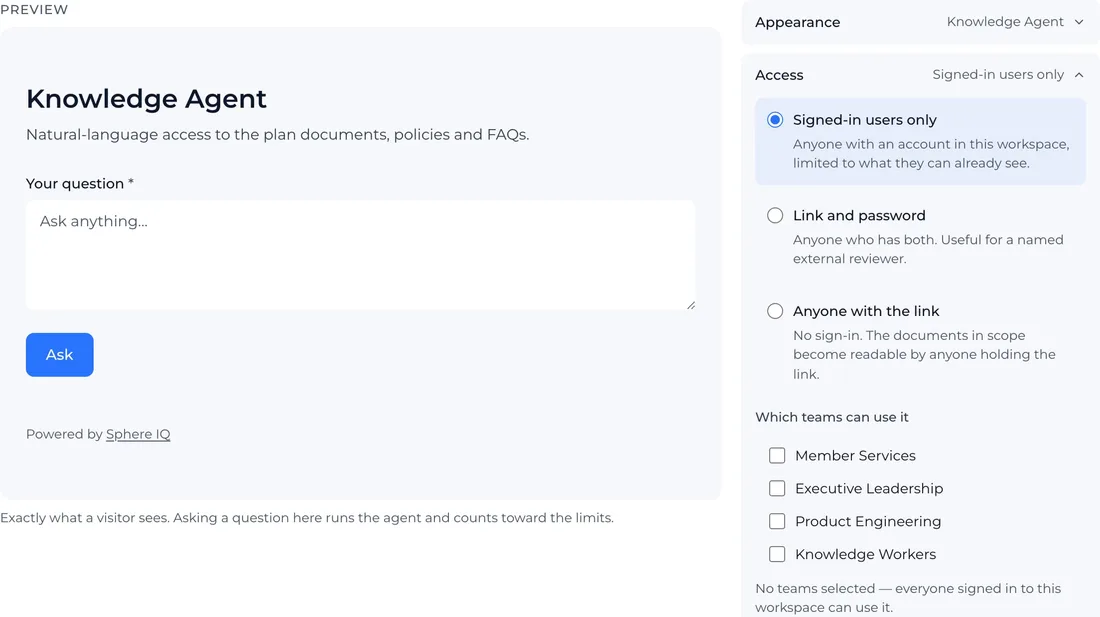 The deploy panel in the product: on the left, a preview of the published form exactly as a visitor sees it; on the right, who may use it — signed-in users only, a link and password, or anyone with the link — and which teams, with a note that no team selected means everyone signed in to the workspace.